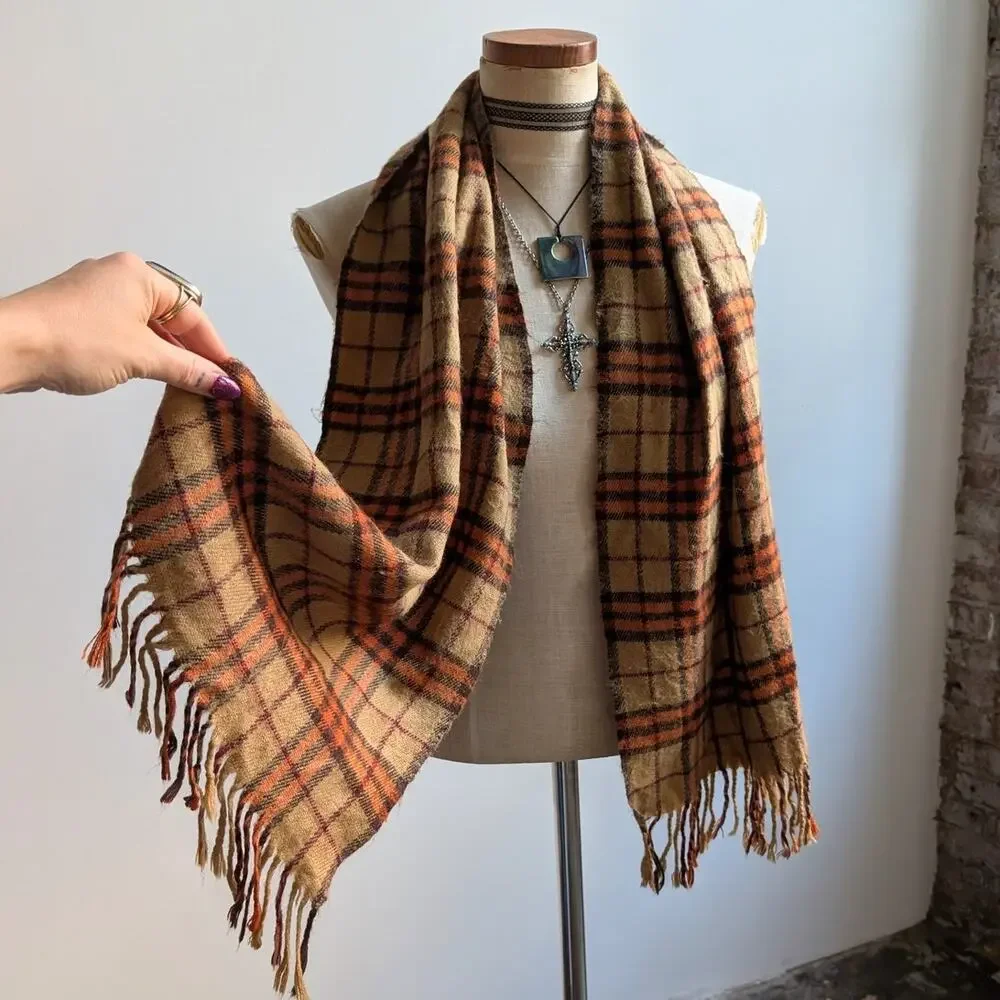 Vintage Orange Plaid Grunge Scarf Cashmere Western 70s Fringe Grunge Knit Wrap - Picture 2 of 6